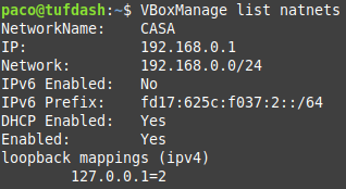 LListat de xarxes NAT al VB amb VBoxManage
