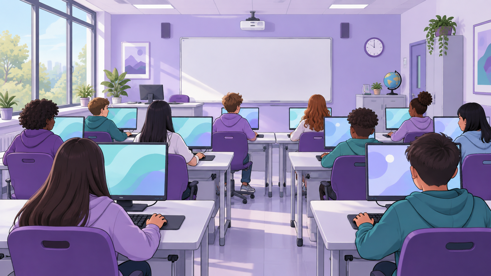 Imatge d'un aula d'informàtica amb diversos ordinadors i alumnes treballant